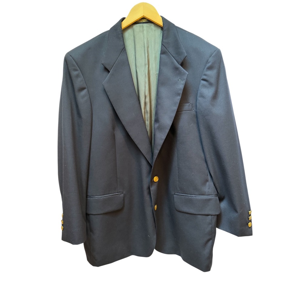 Oscar de la Renta Tailored 46R Navy Wool‎ Sport Coat Blazer Gold Buttons